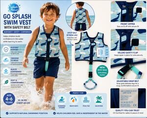Splash About Go Splash Swim Vest Safety Belt Whale Print 4-6Y NWT